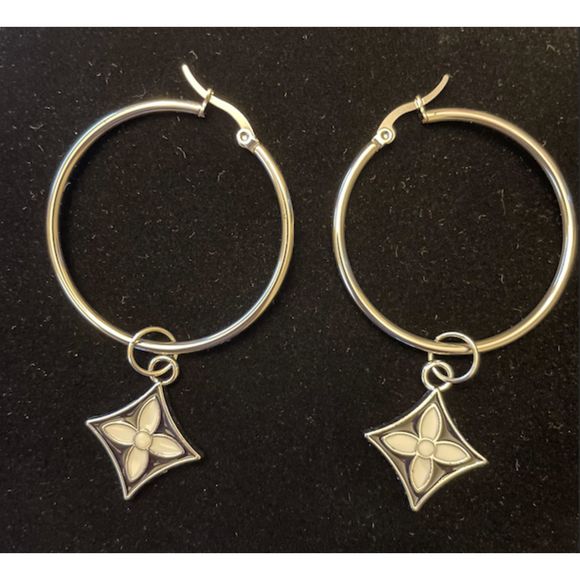 Silver Hoop Earrings with Black and White Flower Charms - Picture 1 of 4